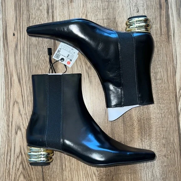 NEW! Zara Metal Trim Heeled Leather Ankle Booties - Picture 7 of 10